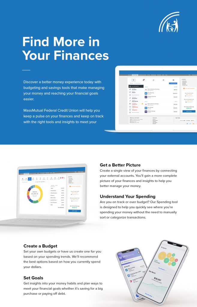 Find more in your finances. MassMutual FCU will help you keep a pulse on finances. Get a better picture, understand your spending, create a budget, set goals.